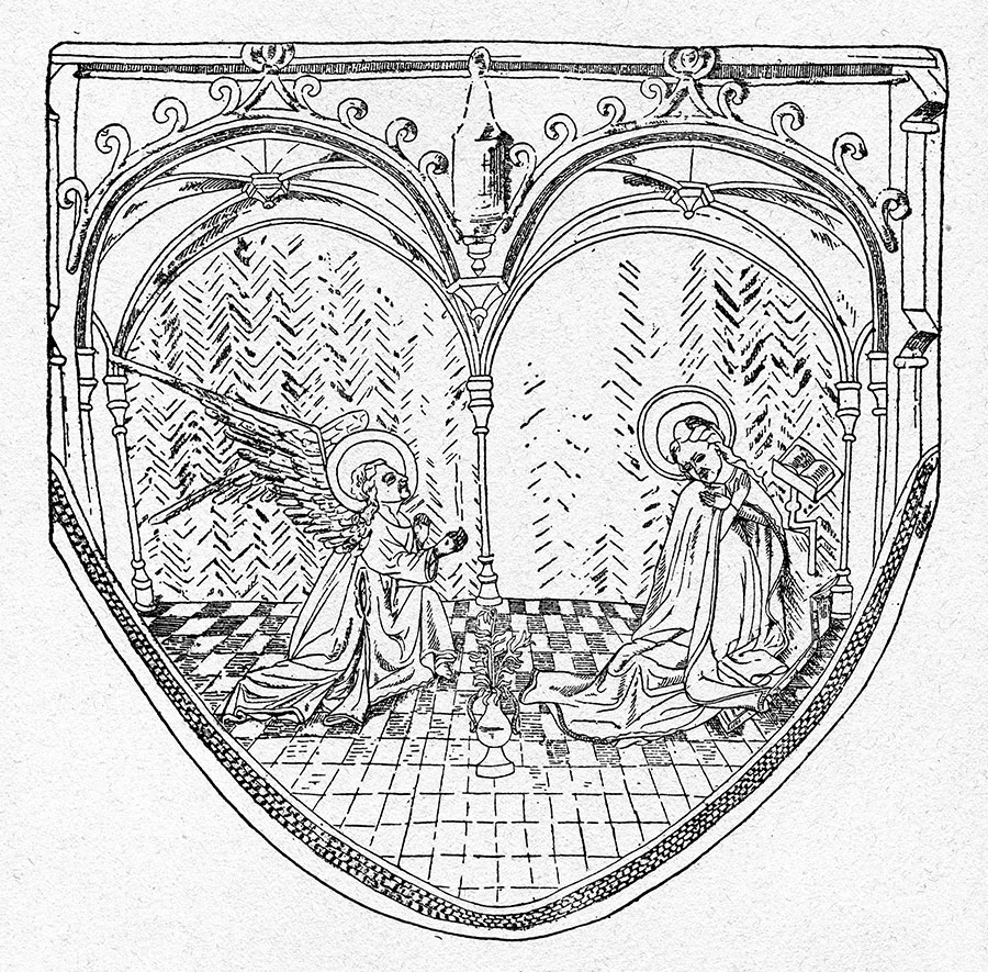 Chape à dessins de velours rouge sur velours d’or.